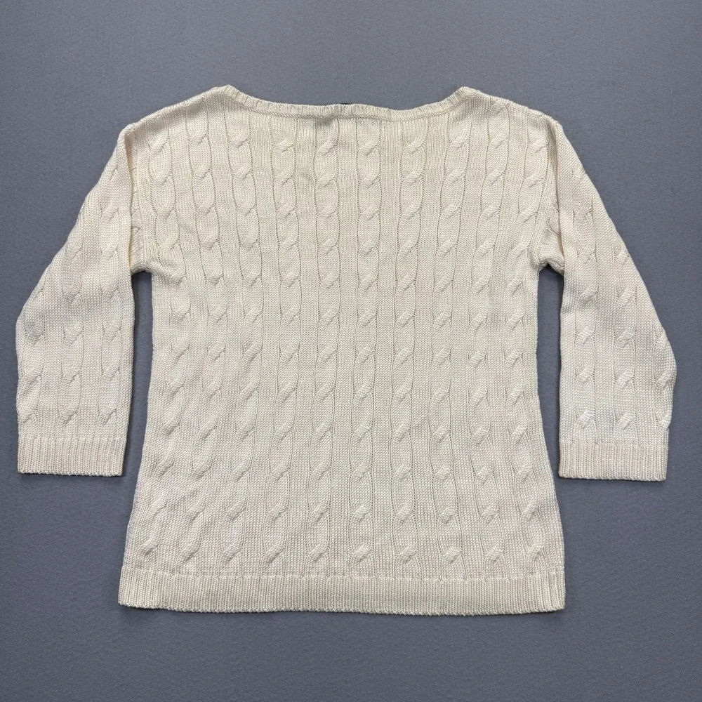Ralph Lauren Womens Cream 100% Silk Cable Knit Boat Neck 3/4 Sleeve Sweater M